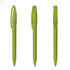 A set of plastic pens in vibrant green, featuring a transparent design and a logo on the side.