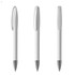 A set of three white plastic pens with silver tips and a simple design, featuring a logo on one pen.