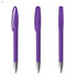 A set of three purple plastic pens with a shiny silver tip and retractable design, featuring a branding logo.