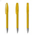 Three yellow plastic pens with silver accents and transparent caps, featuring a simple design and a visible logo.