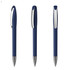 A set of blue plastic pens with a silver clip, displaying three different angles. Each pen features a smooth design.