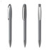 A set of grey plastic pens featuring a sleek design and a reflective clip, showcasing three different angles.