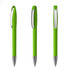 A green plastic pen with a shiny silver clip, displayed from three angles.