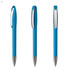 A blue plastic pen with a silver clip, showcased from three different angles.