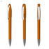 An orange transparent plastic pen with a silver tip and clip, displayed from three angles.