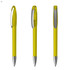 A plastic pen in bright yellow with a silver clip and a shiny tip, featuring a logo on its surface.