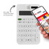 A white calculator with a display and buttons, alongside a smartphone displaying a webpage.