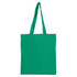 A green tote bag with long handles and no gusset, featuring a logo on the front.