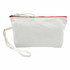 A white canvas cosmetic bag with a red zipper, featuring a detachable wrist strap. Includes a logo.