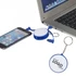 A blue charging cable key ring connected to a phone and laptop, featuring a circular area for branding.