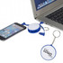 A blue charging cable key ring connected to a laptop, alongside a smartphone. The key ring has a blank area for branding.