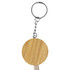 A round bamboo charging cable key ring with a silver metal chain and key ring attachment.