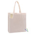 A calico tote bag in natural colour with gusset, featuring a logo and a few colourful markers.