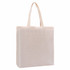 A natural-coloured calico tote bag with a gusset and two straps. It features a logo on one side.