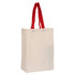 A calico trade show bag with red handles, featuring a simple design and a branding logo.
