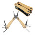 A compact multi-tool with wooden handles, featuring pliers and various tools folded into a sleek design.