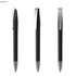 A plastic pen in black, featuring a sleek design and a silver clip, displayed from multiple angles.