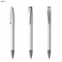 A metal pen in white with a sleek design and silver clip, featuring a metallic tip.