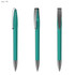 A teal plastic pen with a silver clip, featuring a transparent barrel and a smooth writing tip.