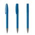 A set of three blue metal pens with silver tips and clips, featuring a simple design and a branded logo.