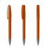 Three orange metal pens with silver accents, featuring a sleek design and a logo on the barrel.