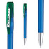 A blue plastic pen with a green clip and a silver tip, featuring a logo on the clip.