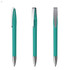 A metal pen in teal with a silver clip, displayed from three different angles. The pen has a sleek design and appears stylish.
