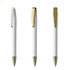 A set of three metal pens featuring a white body and gold accents, showcasing different angles.