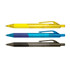 A set of three plastic pens in yellow, blue, and black with transparent barrels and clips. Each pen has a logo.