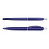 A blue plastic pen with a sleek design, featuring a clip and a silver tip, displayed in two positions.