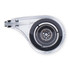 A transparent correction tape dispenser with a black tape reel inside. It features a sleek, curved design.