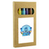 A crayon set featuring six twistable crayons in vibrant colours, packaged in a brown cardboard box with a logo.