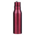 A drink bottle in a sleek, metallic burgundy finish featuring an open lid and a logo.