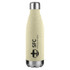 A drink bottle in light beige with a stainless steel cap and a logo printed on the front.