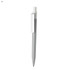 A grey and white plastic pen with a clip and a simple design. It features a logo on its surface.