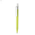 A plastic pen in bright yellow with a white clip and detailing, featuring a logo.