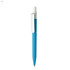 A blue plastic pen with a white clip and tip, featuring a logo on the barrel.