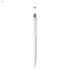 A white plastic pen with a silver clip and an attached cap, featuring a branding logo.