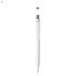 A white plastic pen featuring a silver clip and a branding logo near the top.