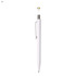 A white plastic pen with a silver clip, featuring a twist mechanism and a circular top piece.