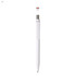 A white plastic pen with a silver clip and a round decorative top featuring a logo design.