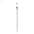 A white plastic pen with a metallic clip and a logo on the top.
