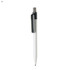 A white plastic pen with a black clip, featuring a branding logo on the clip area.