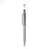 A grey plastic pen with a clip and a silver top, featuring a branding logo on the body.