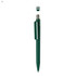 A green plastic pen with a removable top and a chrome clip, featuring a simple logo.