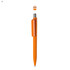 An orange plastic pen with a sleek design and a silver clip, featuring a logo at the top.