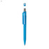 A blue plastic pen with a transparent clip, featuring a logo on the top of the cap.