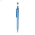 A light blue plastic pen with a transparent blue clip and a silver trim. It features a logo on the clip.