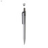 A plastic pen with a silver clip and a white barrel, featuring a metallic top and a branding logo.