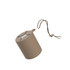 A silicone case in a tan colour with a string loop for attachment. The case is cylindrical in shape and has a logo.
